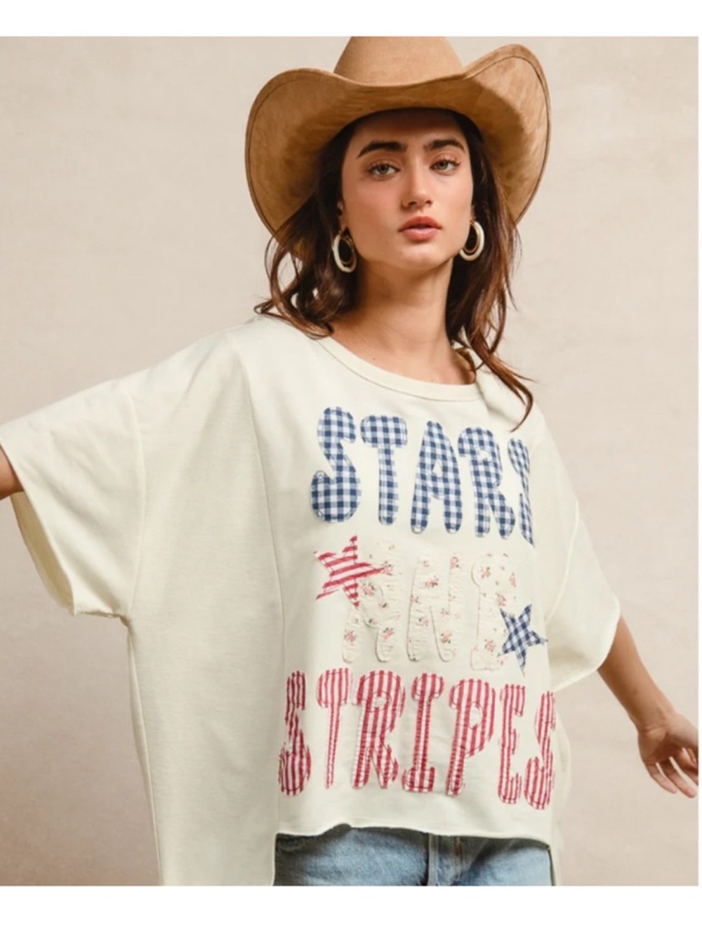 NEW BiBi Blue and Red Stars and Stripes Patchwork Top Small